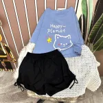 Đồ bộ quần đùi đen rút dây áo tay ngắn in hình