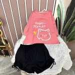 Đồ bộ quần đùi đen rút dây áo tay ngắn in hình
