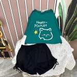 Đồ bộ quần đùi đen rút dây áo tay ngắn in hình