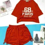 Đồ bộ quần đùi rút dây áo crop in số