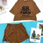 Đồ bộ quần đùi rút dây áo crop in số