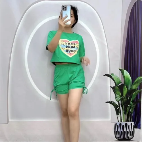 Đồ bộ quần đùi rút dây áo crop tay ngắn in hình