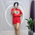 Đồ bộ quần đùi rút dây áo crop tay ngắn in hình