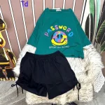Đồ bộ quần đùi rút dây áo crop tay ngắn in hình