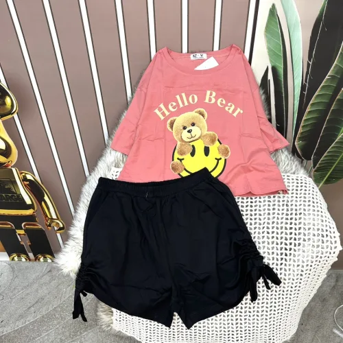 Đồ bộ quần đùi rút dây áo crop tay ngắn in hình gấu