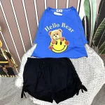 Đồ bộ quần đùi rút dây áo crop tay ngắn in hình gấu