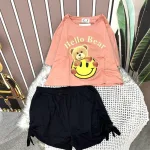 Đồ bộ quần đùi rút dây áo crop tay ngắn in hình gấu