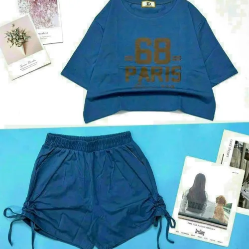 Đồ bộ quần đùi rút dây áo crop tay ngắn in số
