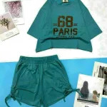 Đồ bộ quần đùi rút dây áo crop tay ngắn in số