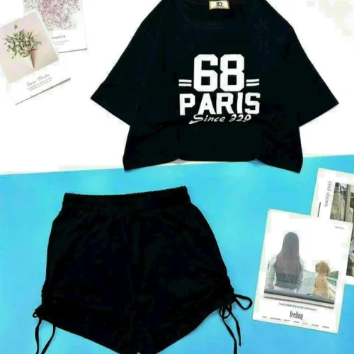 Đồ bộ quần đùi rút dây áo crop tay ngắn in số