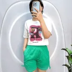 Đồ bộ quần đùi rút dây áo tay ngắn crop in hình