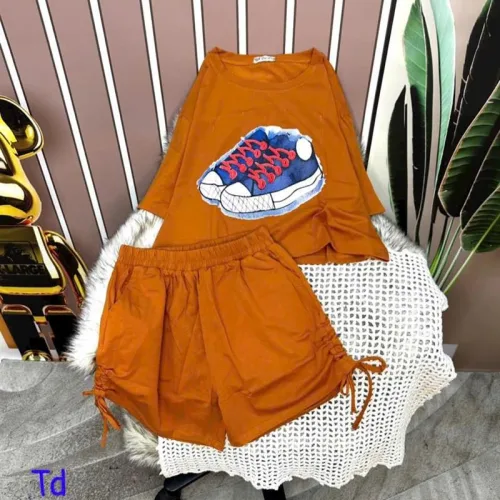 Đồ bộ quần đùi rút dây áo tay ngắn in hình giày