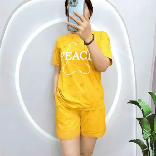 đồ bộ quần đùi trơn áo tay ngắn in chữ peace