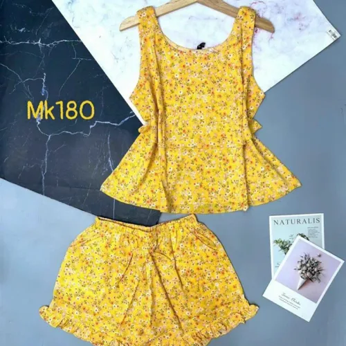Đồ bộ quần đùi viền bèo áo dây hoạ tiết
