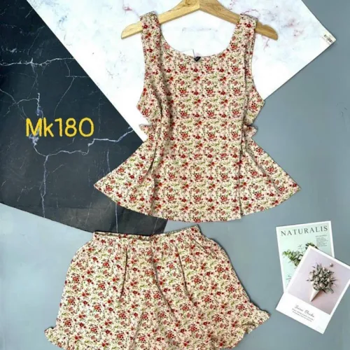 Đồ bộ quần đùi viền bèo áo dây hoạ tiết