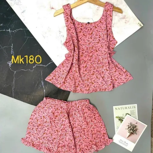 Đồ bộ quần đùi viền bèo áo dây hoạ tiết