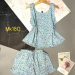 Đồ bộ quần đùi viền bèo áo dây hoạ tiết