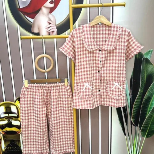 Đồ bộ quần lửng áo tay ngắn cổ lá sen caro