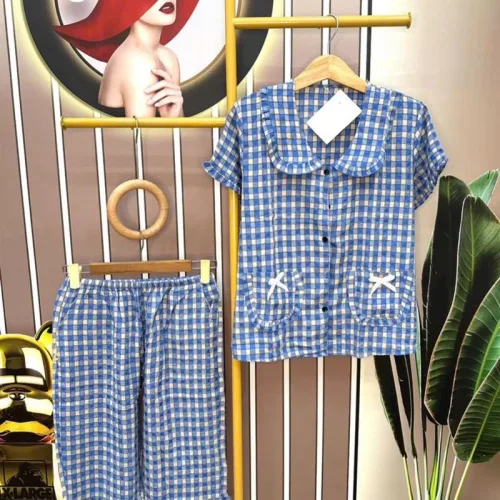 Đồ bộ quần lửng áo tay ngắn cổ lá sen caro