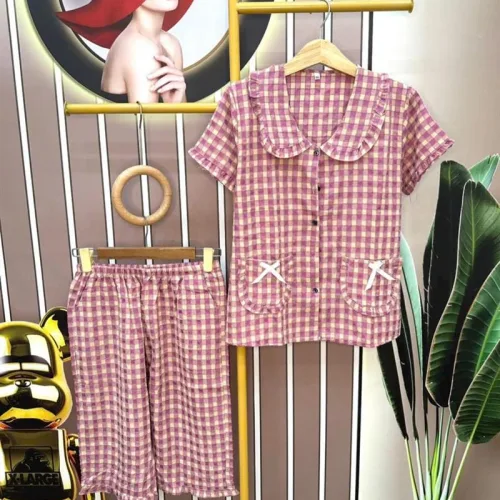 Đồ bộ quần lửng áo tay ngắn cổ sen caro