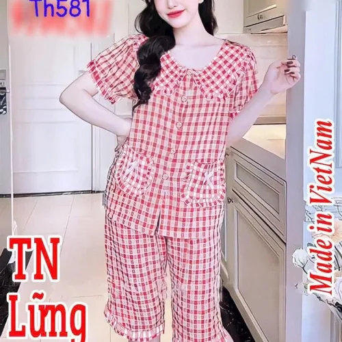 Đồ bộ quần lửng áo tay ngắn cổ sen caro