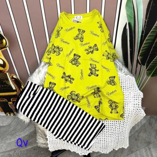 Đồ bộ quần lửng sọc áo tay ngắn in hình gấu