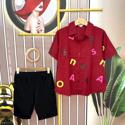 Đồ bộ quần ngố áo sơ mi tay ngắn in chữ