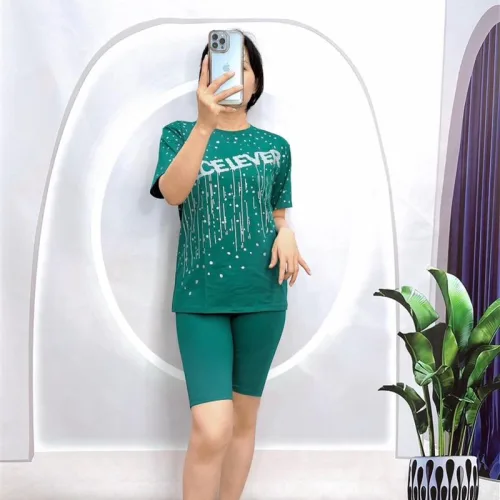 Đồ bộ quần ngố áo tay ngắn cổ tròn in chữ