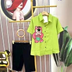 Đồ bộ quần ngố đen áo sơ mi tay ngắn cổ bẻ in hình