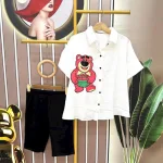 Đồ bộ quần ngố đen áo sơ mi tay ngắn cổ bẻ in hình