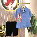 Đồ bộ quần ngố đen áo sơ mi tay ngắn cổ bẻ in hình