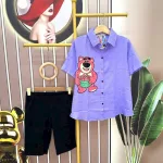 Đồ bộ quần ngố đen áo sơ mi tay ngắn cổ bẻ in hình