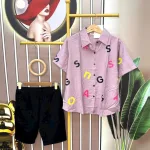 Đồ bộ quần ngố đen áo sơ mi tay ngắn in chữ