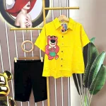 Đồ bộ quần ngố đen áo sơ mi tay ngắn in hình gấu