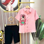 Đồ bộ quần ngố đen áo sơ mi tay ngắn in hình gấu
