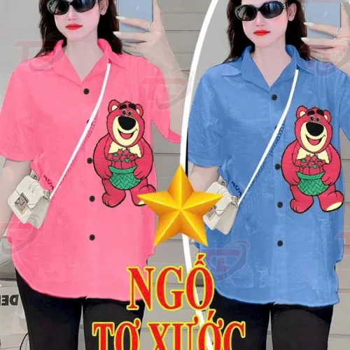 Đồ bộ quần ngố đen áo sơ mi tay ngắn in hình gấu
