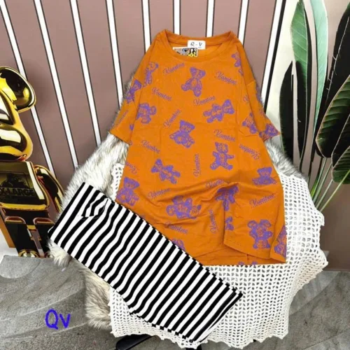 Đồ bộ quần ngố sọc áo tay ngắn in hình gấu