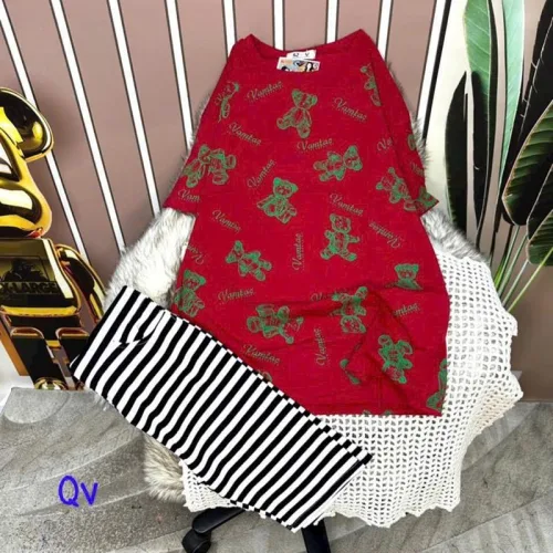Đồ bộ quần ngố sọc áo tay ngắn in hình gấu