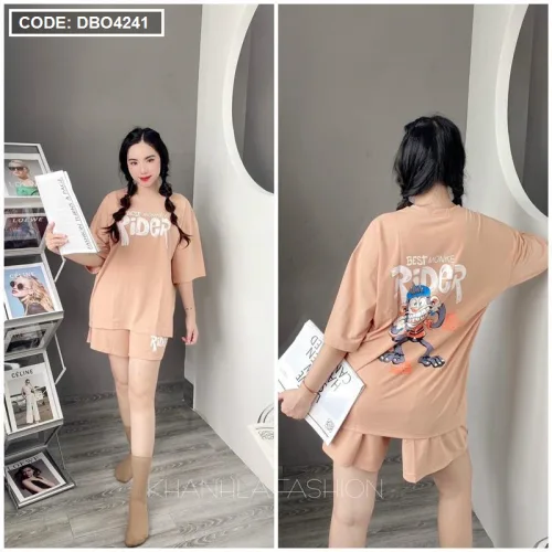 Đồ bộ thun hàn quần đùi áo tay lỡ in chữ form rộng