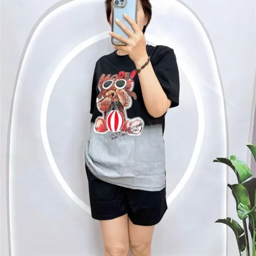 Đồ bộ thun nữ quần đùi in hình gấu mang kính form rộng 60kg