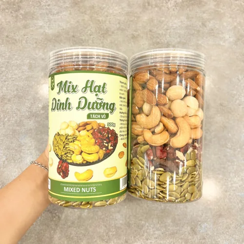 Hạt Mix 5 Vị ( Mắc ca - Hạnh Nhân - Óc Chó - Bí Xanh - Hạt Điều) Đã Tách Vỏ Loại Ngon 500g Hộp Pet