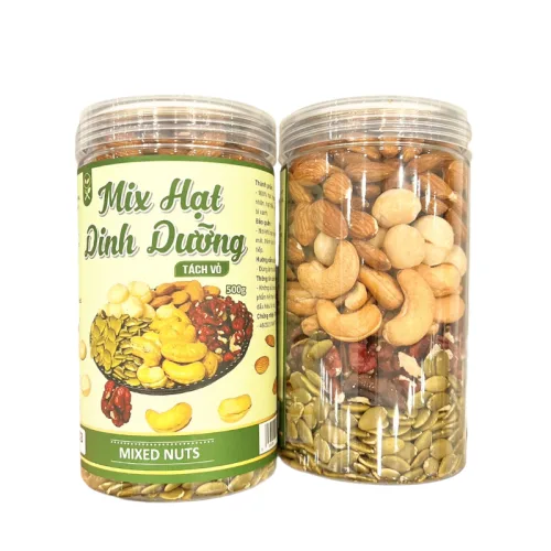 Hạt Mix 5 Vị ( Mắc ca - Hạnh Nhân - Óc Chó - Bí Xanh - Hạt Điều) Đã Tách Vỏ Loại Ngon 500g Hộp Pet