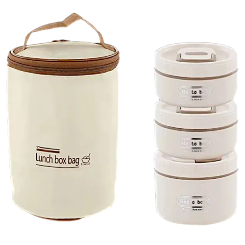 Hộp Đựng Cơm 3 Ngăn Kèm Túi Đựng Cơm Có Thìa Muỗng Tiện Lợi 14x22.2cm