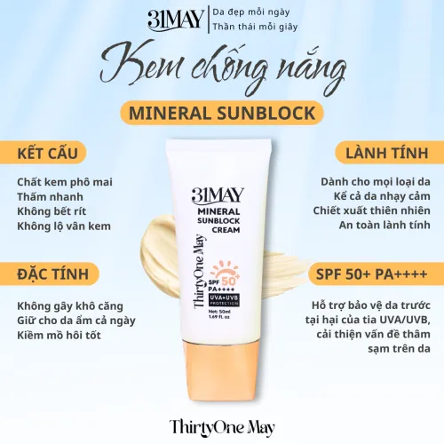 Kem Chống Nắng 31May Mineral Sunblock Cream SPF50+ PA++++ 50ml -Thirtyone May