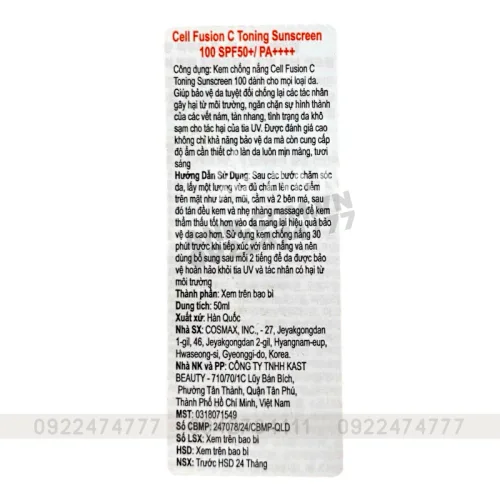 [Hàng Cận Date Giảm Sâu] Kem Chống Nắng Cell Fusion C Toning Sunscreen 50ml