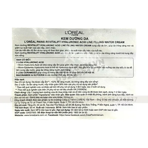 Kem Dưỡng Siêu Cấp Ẩm Loreal Paris Revitalift Hyaluronic Acid Line Filling Water 50ml