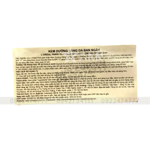 Kem Dưỡng Trắng Da Loreal Paris Ban Ngày Glycolic-Bright Glowing Cream Day SPF 17 50ml