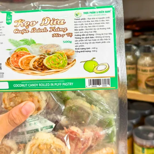 Kẹo Dừa Cuộn Bánh Tráng Mix 7 Vị Thơm Ngon - Túi Zip 500g