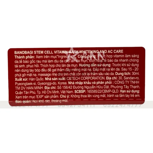 Mặt Nạ Banobagi Màu Hồng Stem Cell Vitamin Mask Whitening AC Care Hộp 10 Miếng