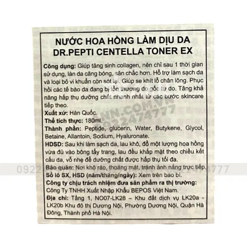 Nước Hoa Hồng Dr.Pepti Centella Toner Hàn Quốc 180ml
